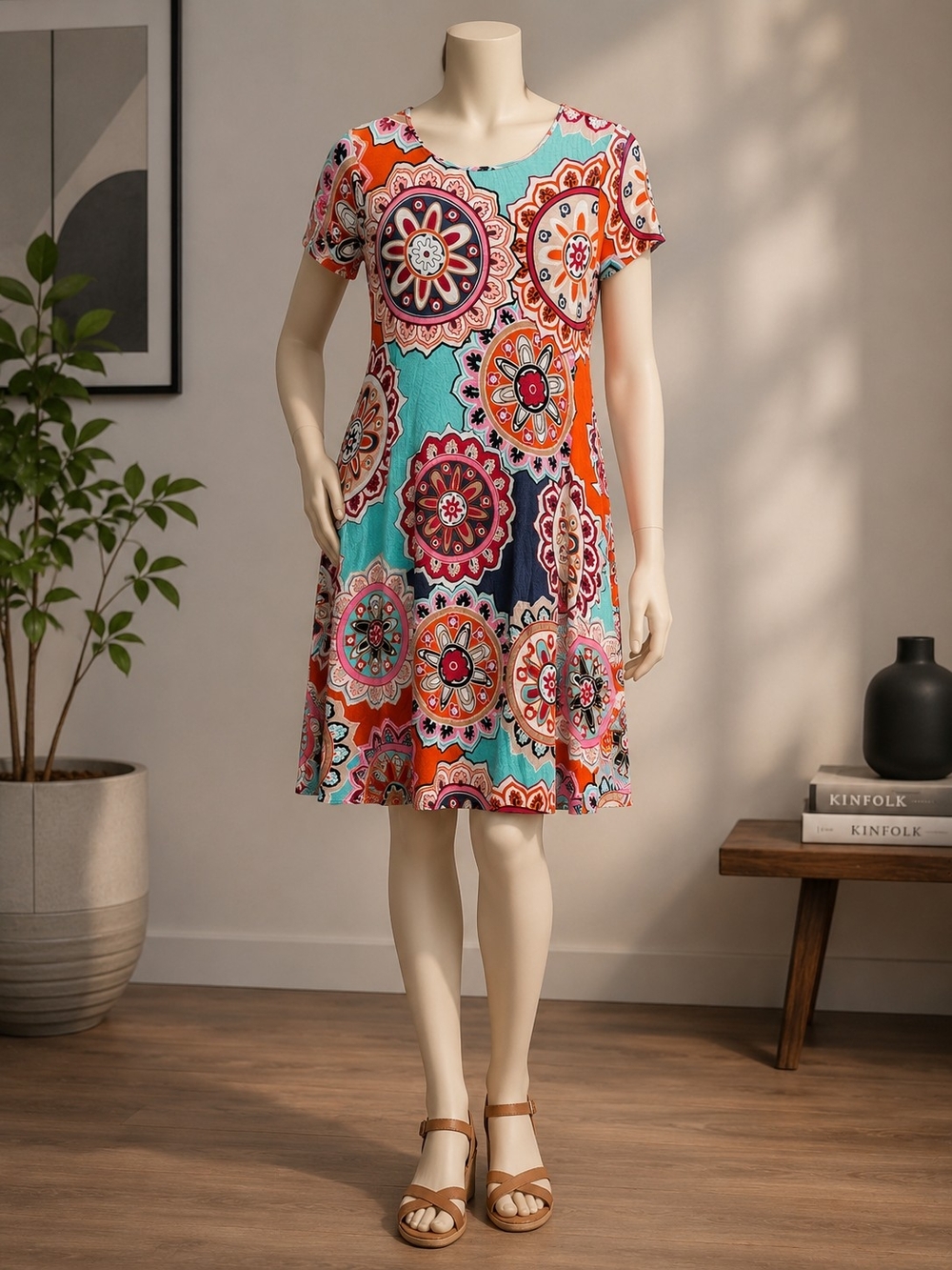 Multicolor Medallion Print Short Sleeve Midi Dress